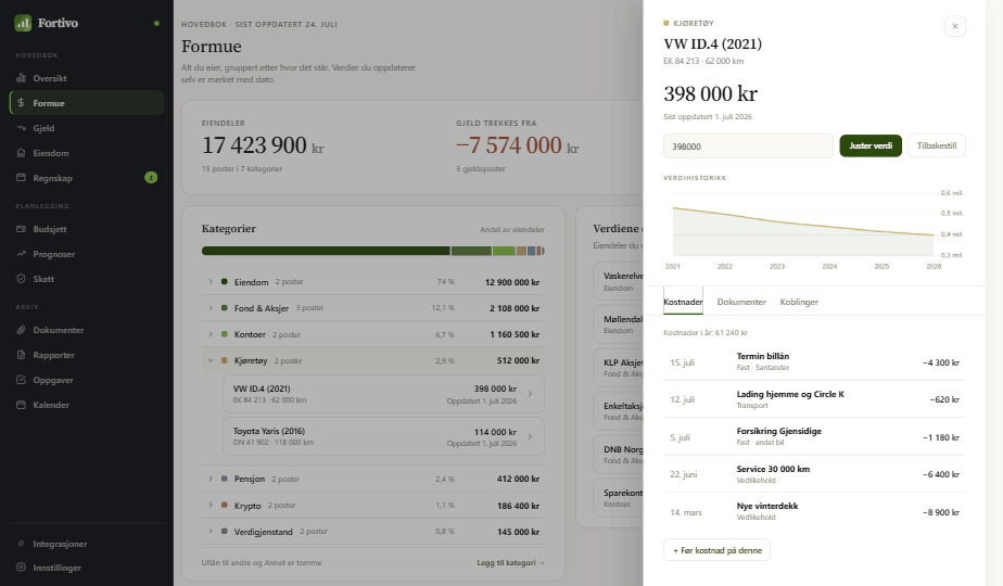 Objektpanelet åpnet over formuesoversikten
